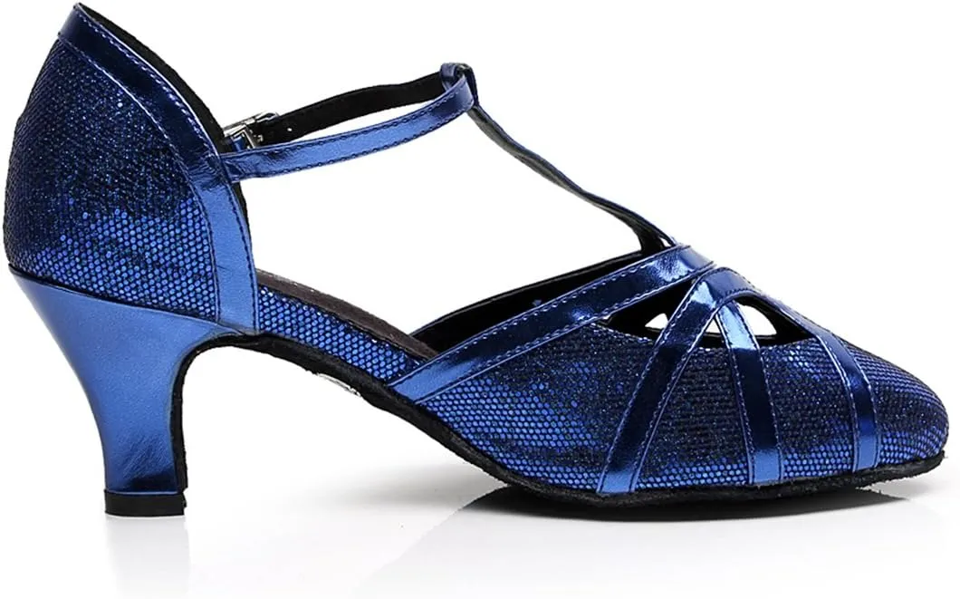 Minishion Women's T-Strap Dance Heels Glitter Salsa Ballroom Shoes Wedding Party Pumps