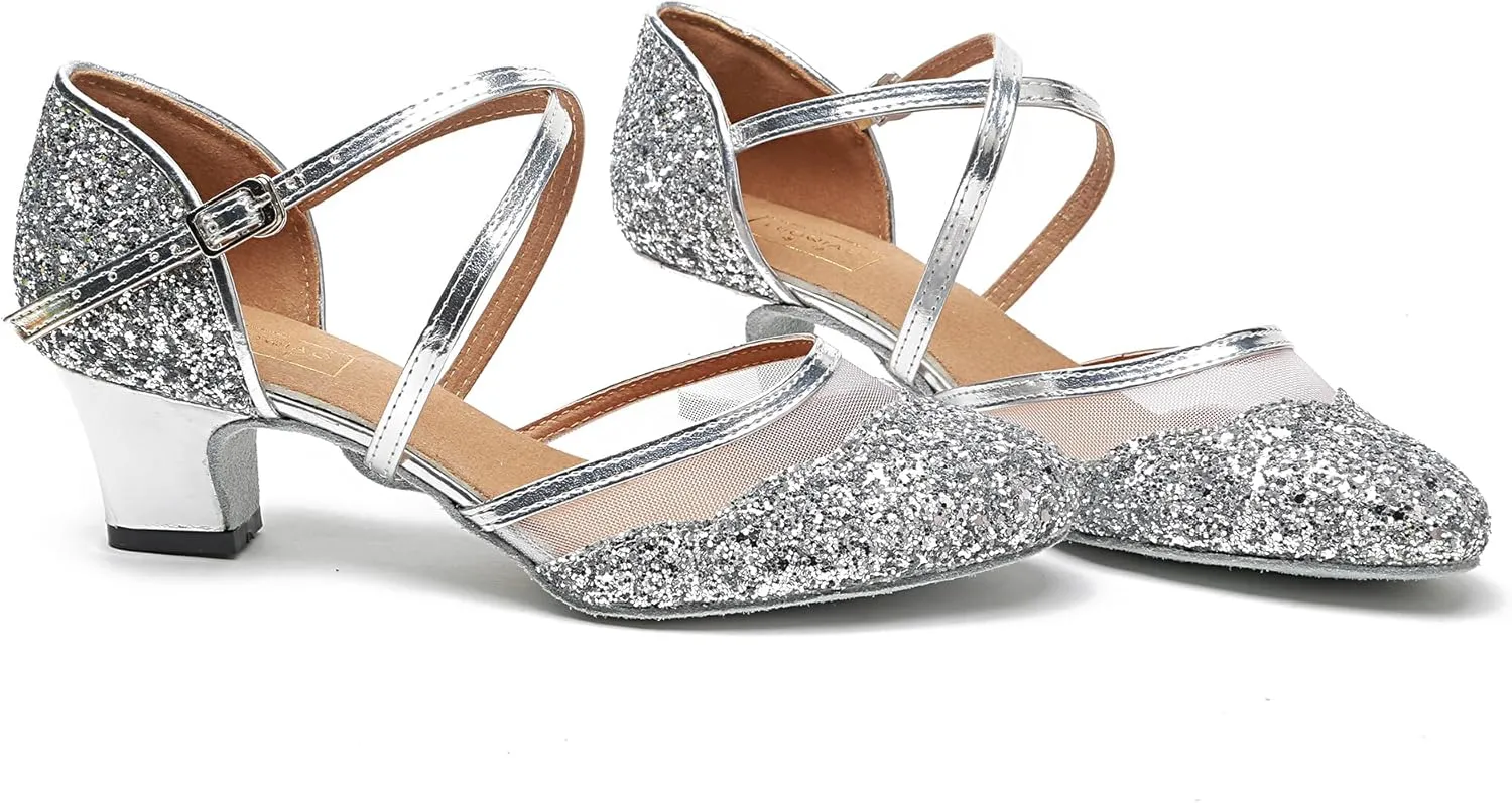 Minishion Women's T-Strap Dance Heels Glitter Salsa Ballroom Shoes Wedding Party Pumps