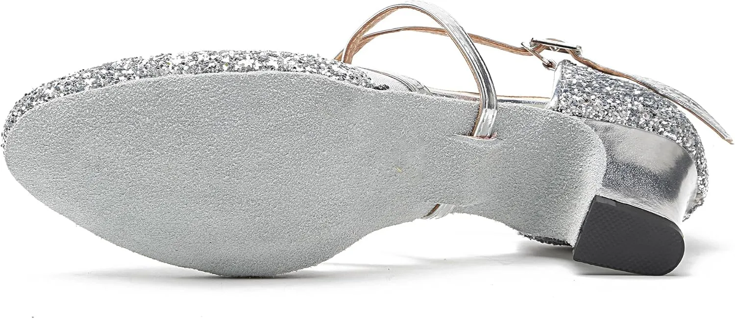 Minishion Women's T-Strap Dance Heels Glitter Salsa Ballroom Shoes Wedding Party Pumps