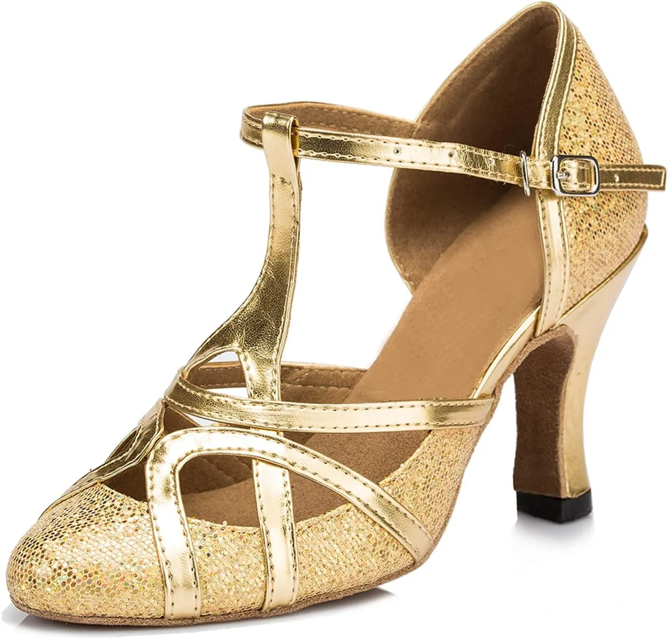 Minishion Women's T-Strap Dance Heels Glitter Salsa Ballroom Shoes Wedding Party Pumps