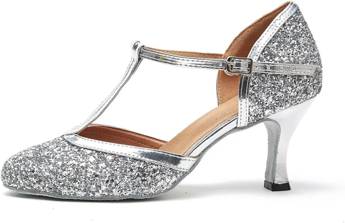 Minishion Women's T-Strap Dance Heels Glitter Salsa Ballroom Shoes Wedding Party Pumps