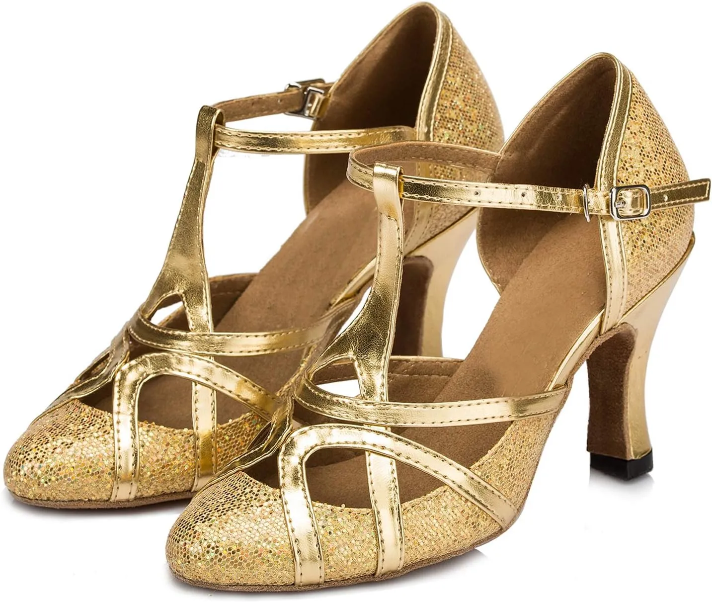 Minishion Women's T-Strap Dance Heels Glitter Salsa Ballroom Shoes Wedding Party Pumps