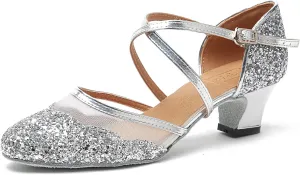 Minishion Women's T-Strap Dance Heels Glitter Salsa Ballroom Shoes Wedding Party Pumps