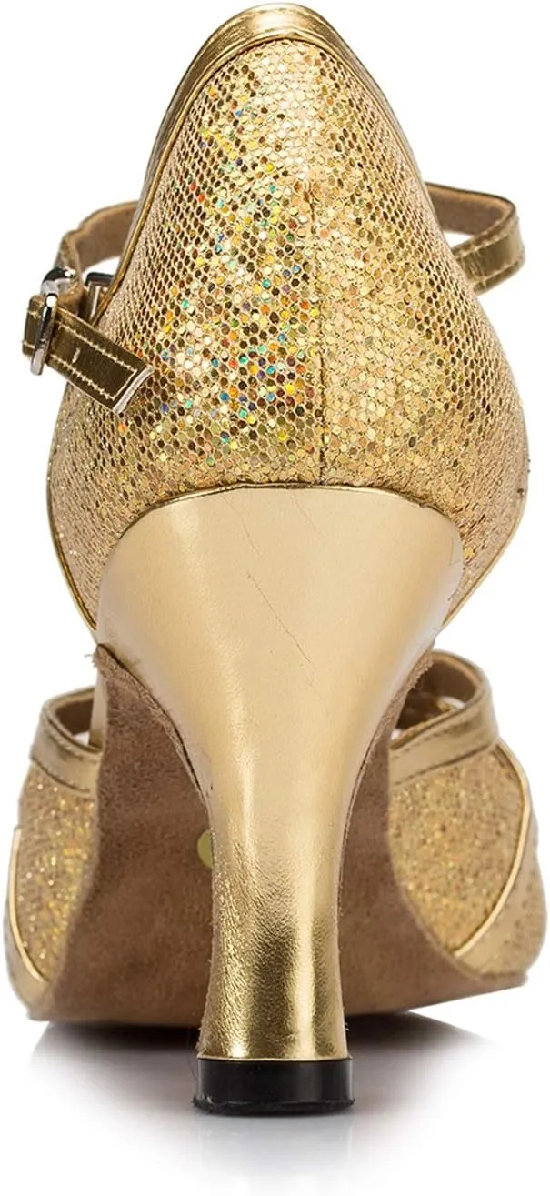 Minishion Women's T-Strap Dance Heels Glitter Salsa Ballroom Shoes Wedding Party Pumps