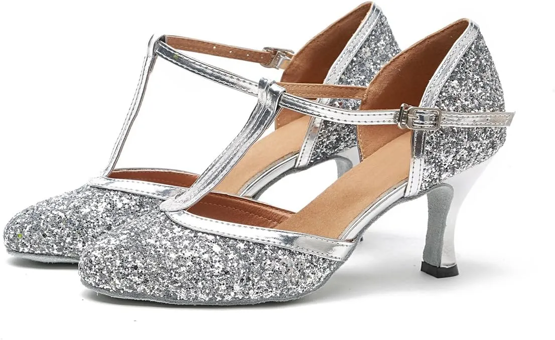 Minishion Women's T-Strap Dance Heels Glitter Salsa Ballroom Shoes Wedding Party Pumps