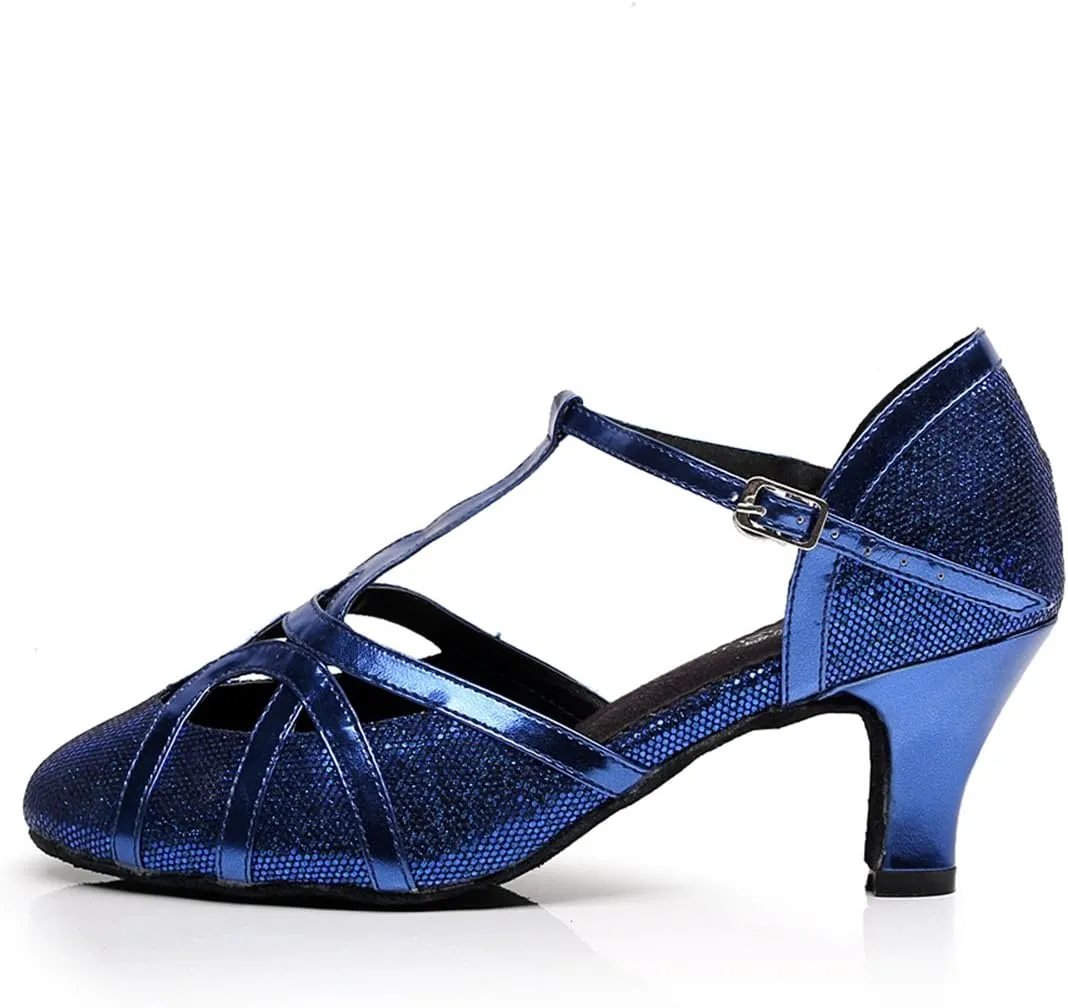 Minishion Women's T-Strap Dance Heels Glitter Salsa Ballroom Shoes Wedding Party Pumps
