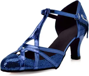 Minishion Women's T-Strap Dance Heels Glitter Salsa Ballroom Shoes Wedding Party Pumps