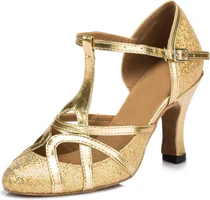 Minishion Women's T-Strap Dance Heels Glitter Salsa Ballroom Shoes Wedding Party Pumps