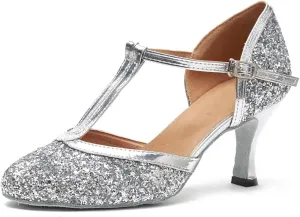 Minishion Women's T-Strap Dance Heels Glitter Salsa Ballroom Shoes Wedding Party Pumps