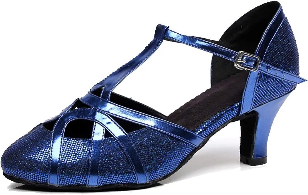 Minishion Women's T-Strap Dance Heels Glitter Salsa Ballroom Shoes Wedding Party Pumps