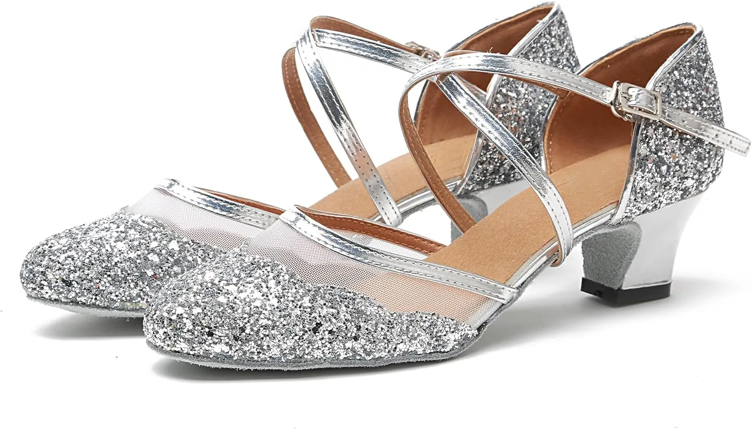 Minishion Women's T-Strap Dance Heels Glitter Salsa Ballroom Shoes Wedding Party Pumps
