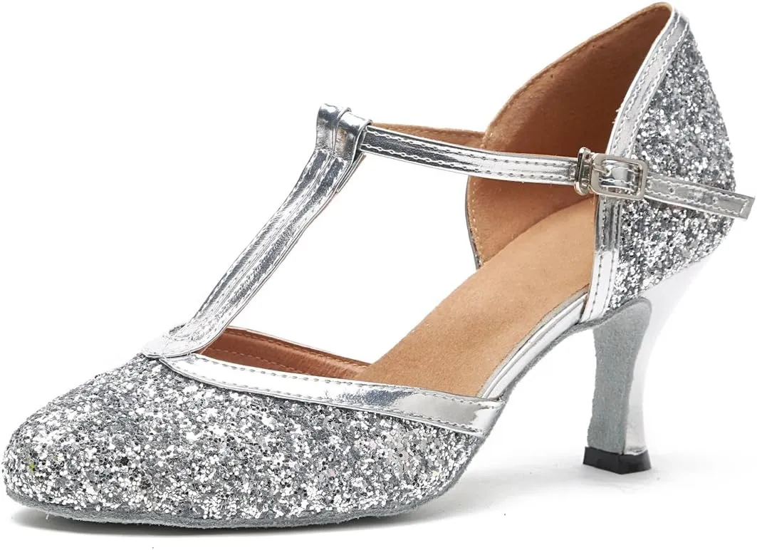 Minishion Women's T-Strap Dance Heels Glitter Salsa Ballroom Shoes Wedding Party Pumps
