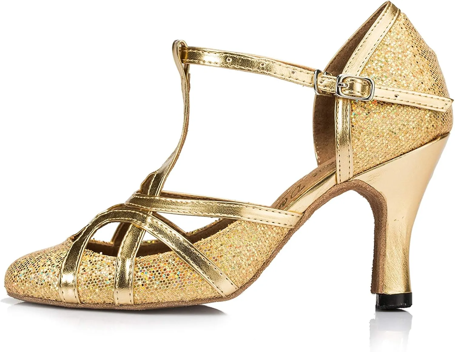 Minishion Women's T-Strap Dance Heels Glitter Salsa Ballroom Shoes Wedding Party Pumps
