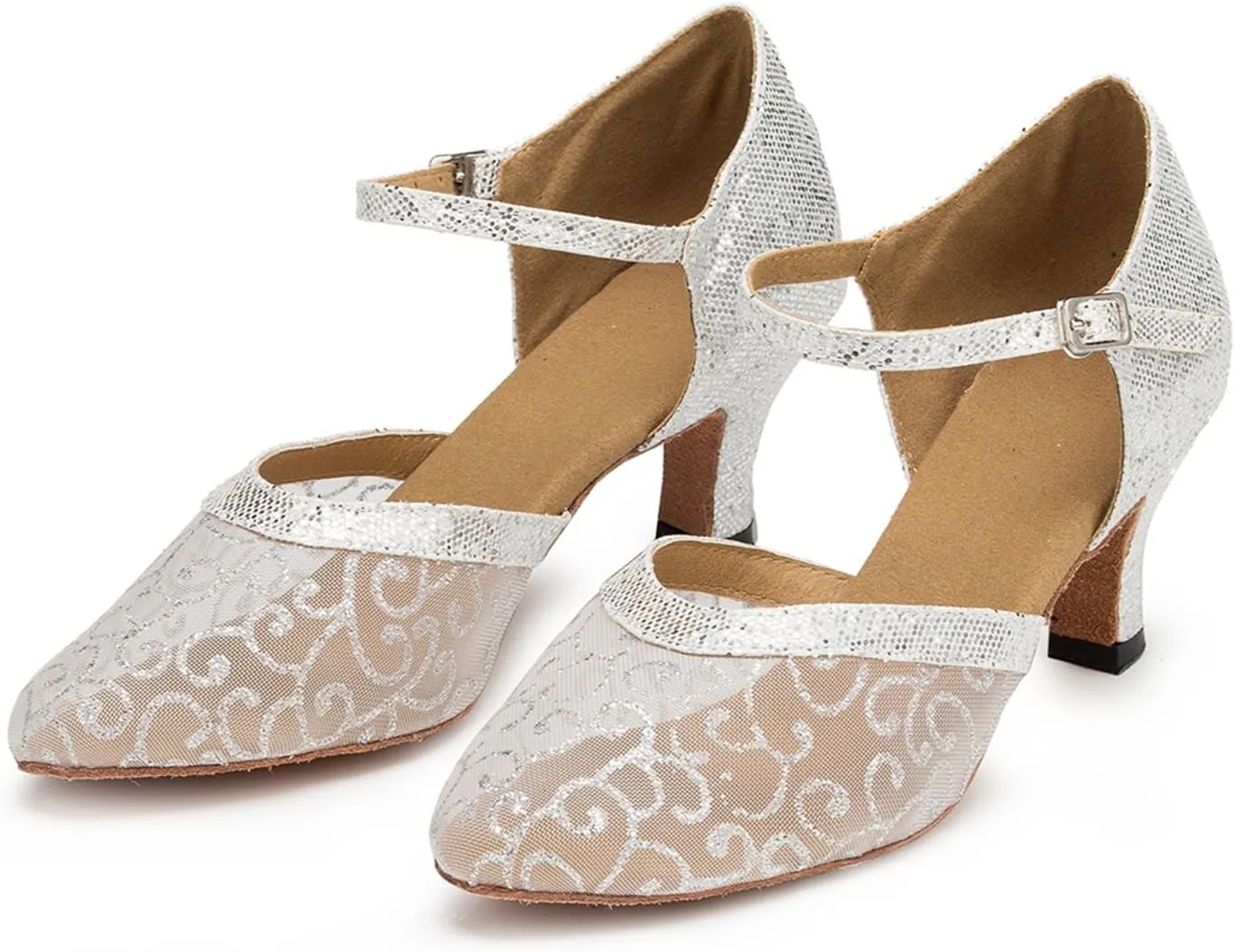 Minishion Women's TH132 Floral Low Heel Glitter Mesh Wedding Ballroom Latin Taogo Dance Pumps Shoes