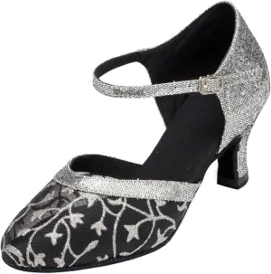 Minishion Women's TH132 Floral Low Heel Glitter Mesh Wedding Ballroom Latin Taogo Dance Pumps Shoes