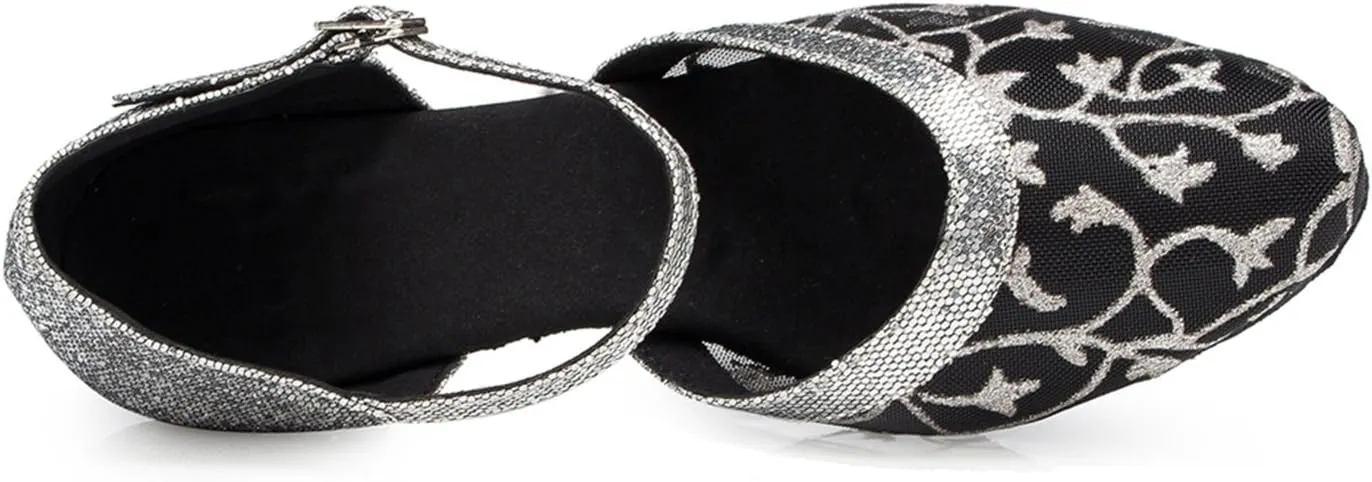 Minishion Women's TH132 Floral Low Heel Glitter Mesh Wedding Ballroom Latin Taogo Dance Pumps Shoes
