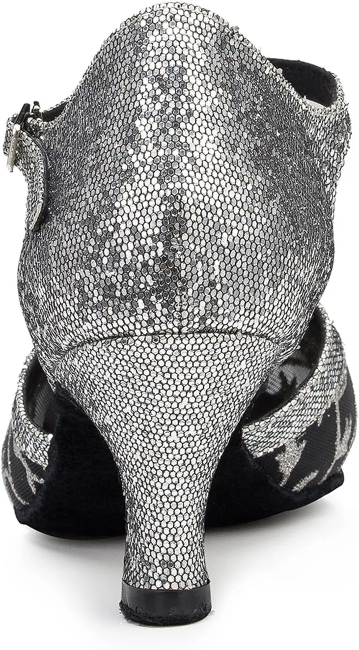 Minishion Women's TH132 Floral Low Heel Glitter Mesh Wedding Ballroom Latin Taogo Dance Pumps Shoes