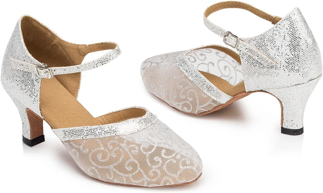 Minishion Women's TH132 Floral Low Heel Glitter Mesh Wedding Ballroom Latin Taogo Dance Pumps Shoes