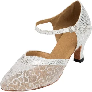 Minishion Women's TH132 Floral Low Heel Glitter Mesh Wedding Ballroom Latin Taogo Dance Pumps Shoes