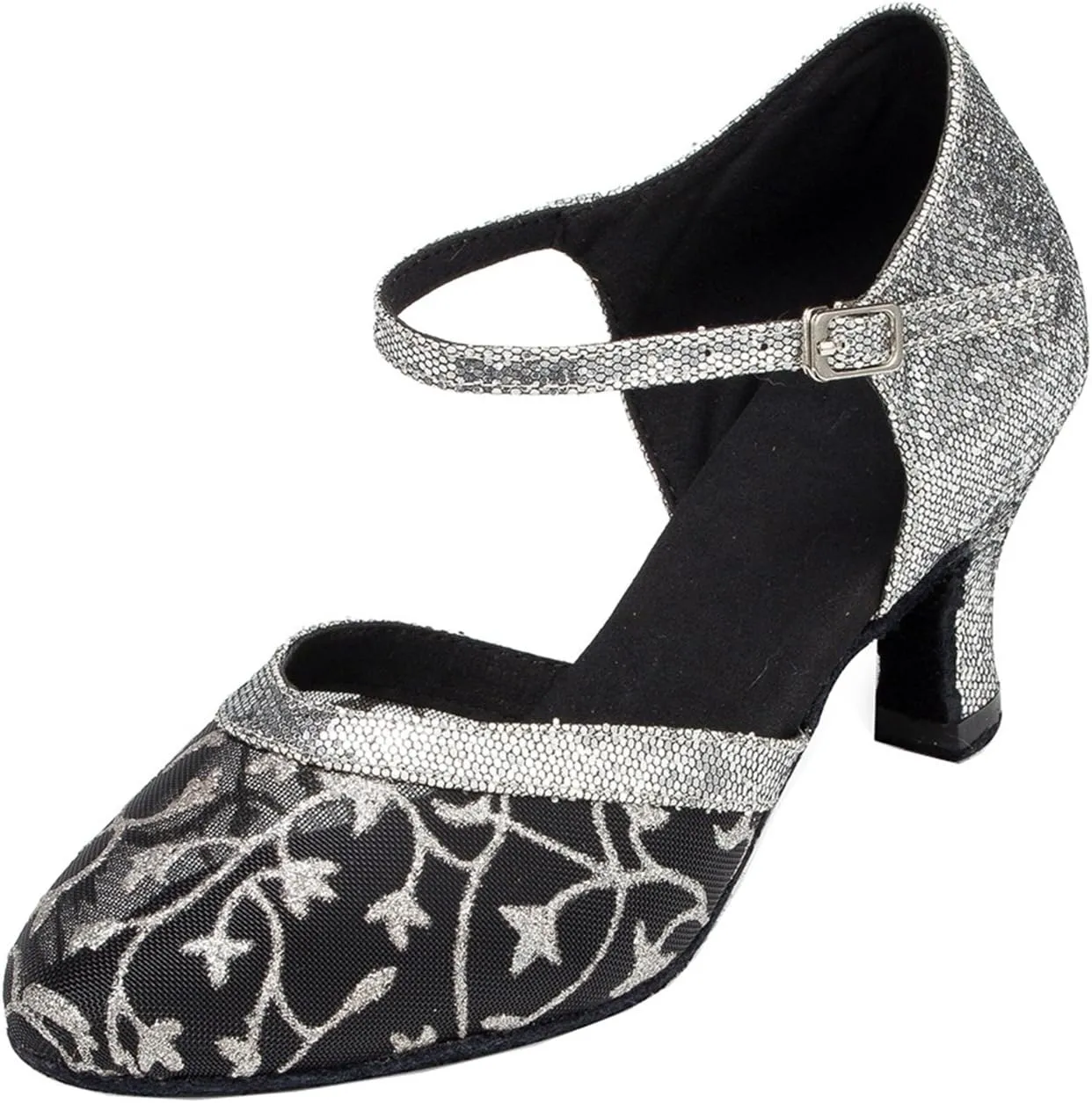 Minishion Women's TH132 Floral Low Heel Glitter Mesh Wedding Ballroom Latin Taogo Dance Pumps Shoes