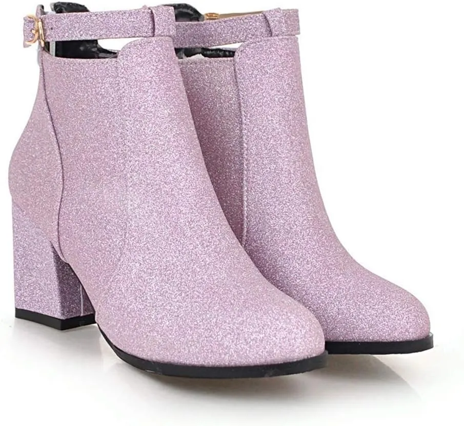 MIOKE Women's Fashion Glitter Dressy Ankle Boots Round Toe Buckle Zip Chunky High Heel Dressy Short Booties