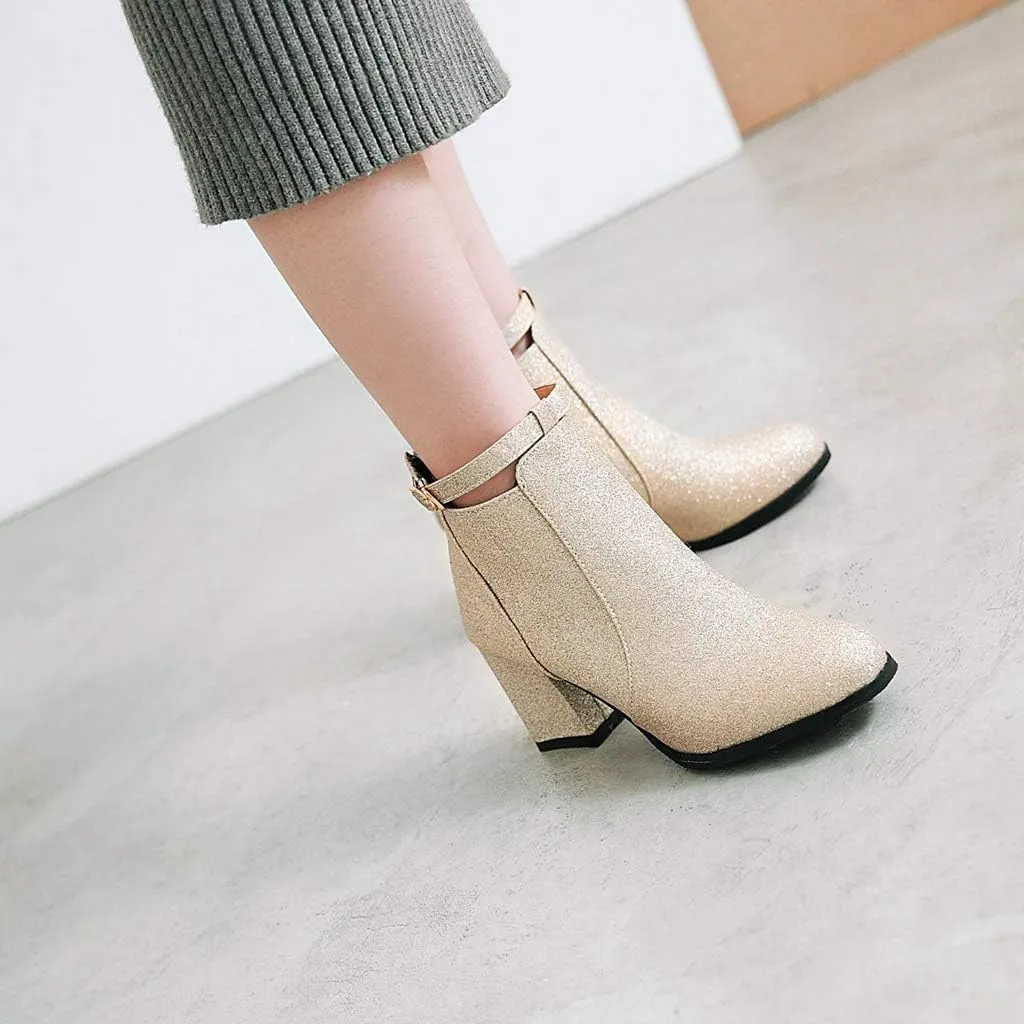MIOKE Women's Fashion Glitter Dressy Ankle Boots Round Toe Buckle Zip Chunky High Heel Dressy Short Booties