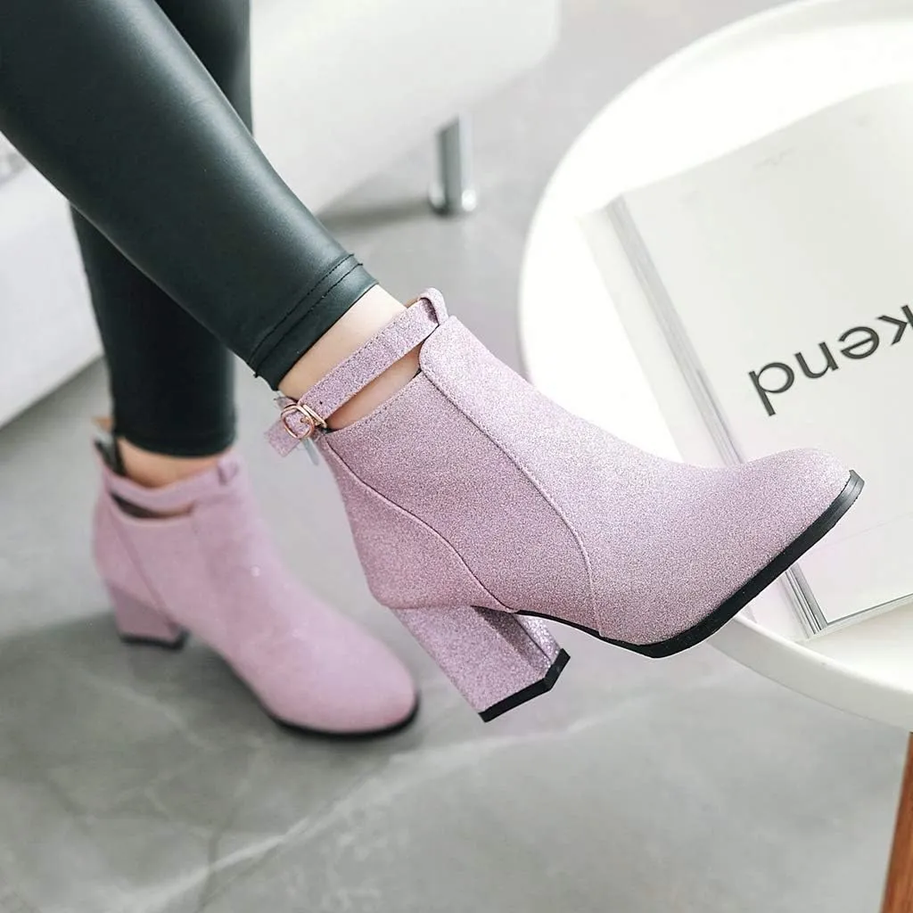 MIOKE Women's Fashion Glitter Dressy Ankle Boots Round Toe Buckle Zip Chunky High Heel Dressy Short Booties