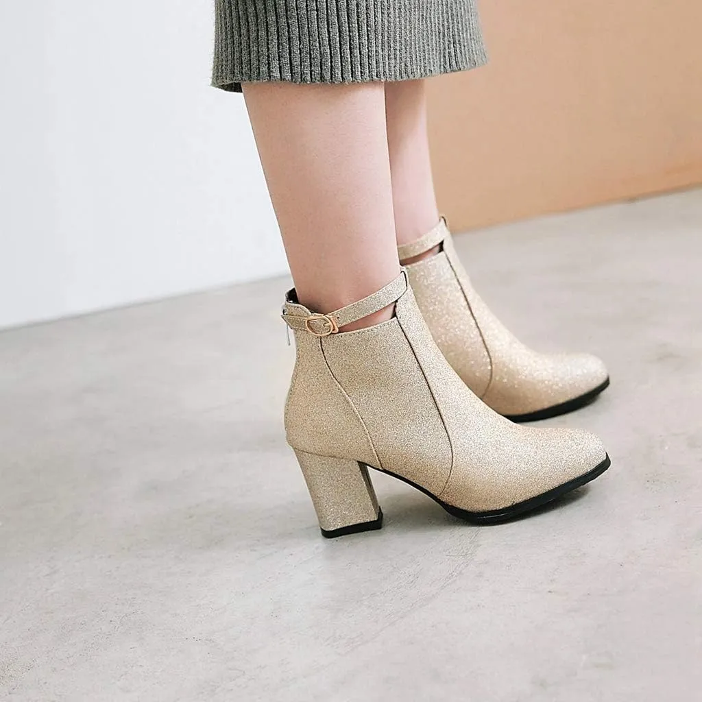 MIOKE Women's Fashion Glitter Dressy Ankle Boots Round Toe Buckle Zip Chunky High Heel Dressy Short Booties