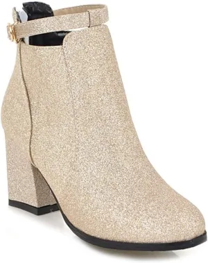 MIOKE Women's Fashion Glitter Dressy Ankle Boots Round Toe Buckle Zip Chunky High Heel Dressy Short Booties