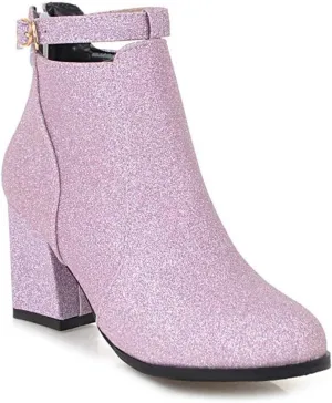 MIOKE Women's Fashion Glitter Dressy Ankle Boots Round Toe Buckle Zip Chunky High Heel Dressy Short Booties