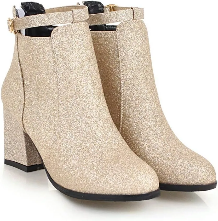 MIOKE Women's Fashion Glitter Dressy Ankle Boots Round Toe Buckle Zip Chunky High Heel Dressy Short Booties