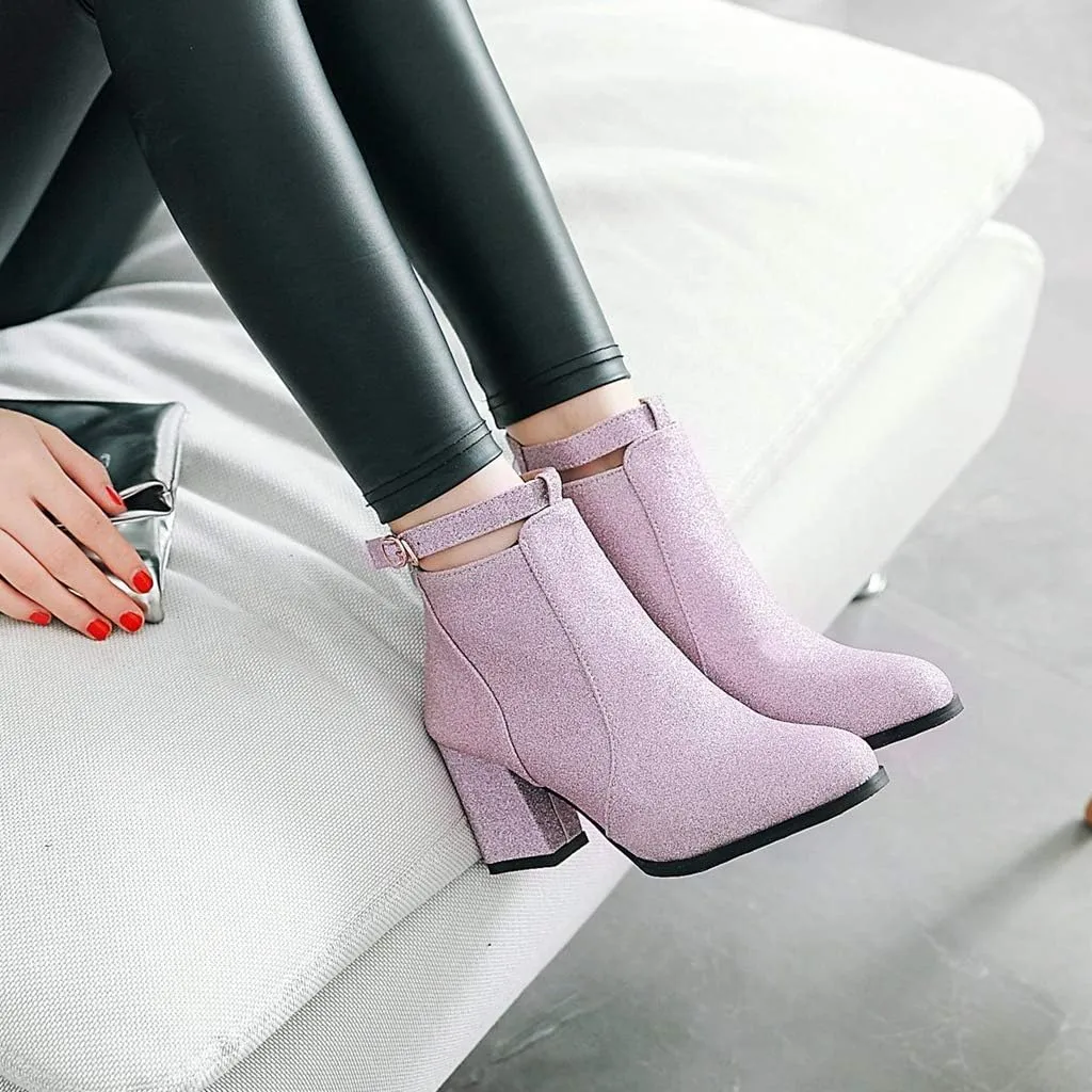MIOKE Women's Fashion Glitter Dressy Ankle Boots Round Toe Buckle Zip Chunky High Heel Dressy Short Booties