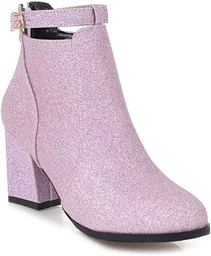 MIOKE Women's Fashion Glitter Dressy Ankle Boots Round Toe Buckle Zip Chunky High Heel Dressy Short Booties