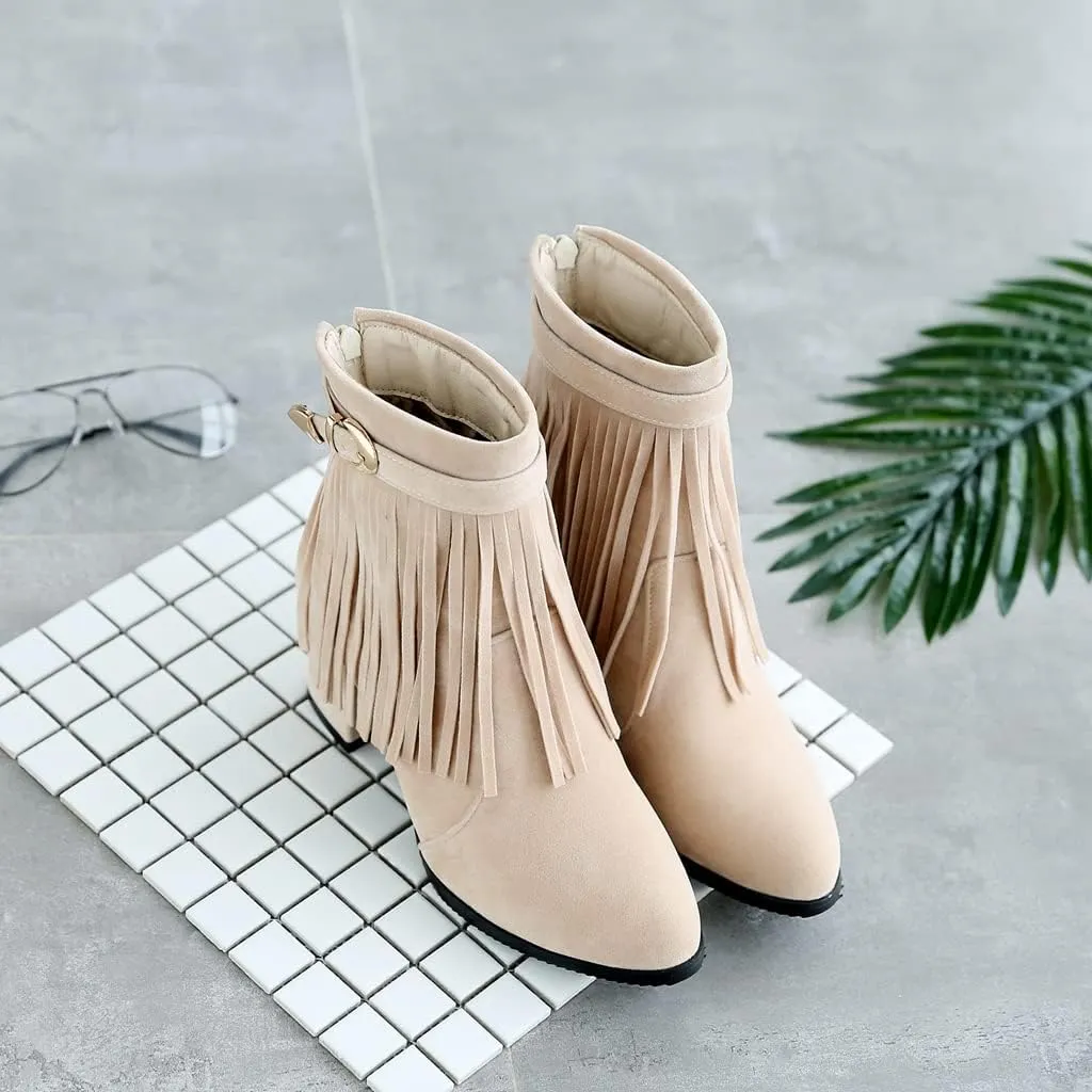 MIOKE Women's Fringed Tassel Dress Ankle Boots Round Toe Buckle Zipper Chunky Block High Heel Short Booties