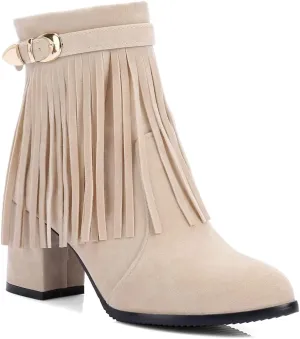 MIOKE Women's Fringed Tassel Dress Ankle Boots Round Toe Buckle Zipper Chunky Block High Heel Short Booties