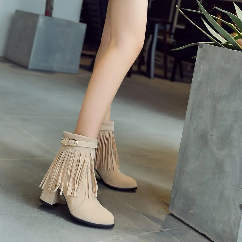 MIOKE Women's Fringed Tassel Dress Ankle Boots Round Toe Buckle Zipper Chunky Block High Heel Short Booties