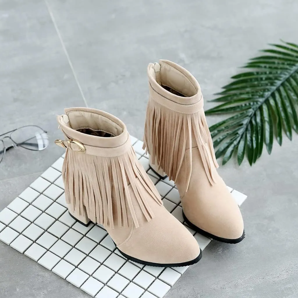 MIOKE Women's Fringed Tassel Dress Ankle Boots Round Toe Buckle Zipper Chunky Block High Heel Short Booties