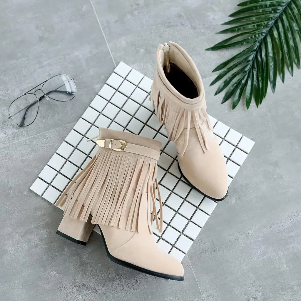 MIOKE Women's Fringed Tassel Dress Ankle Boots Round Toe Buckle Zipper Chunky Block High Heel Short Booties
