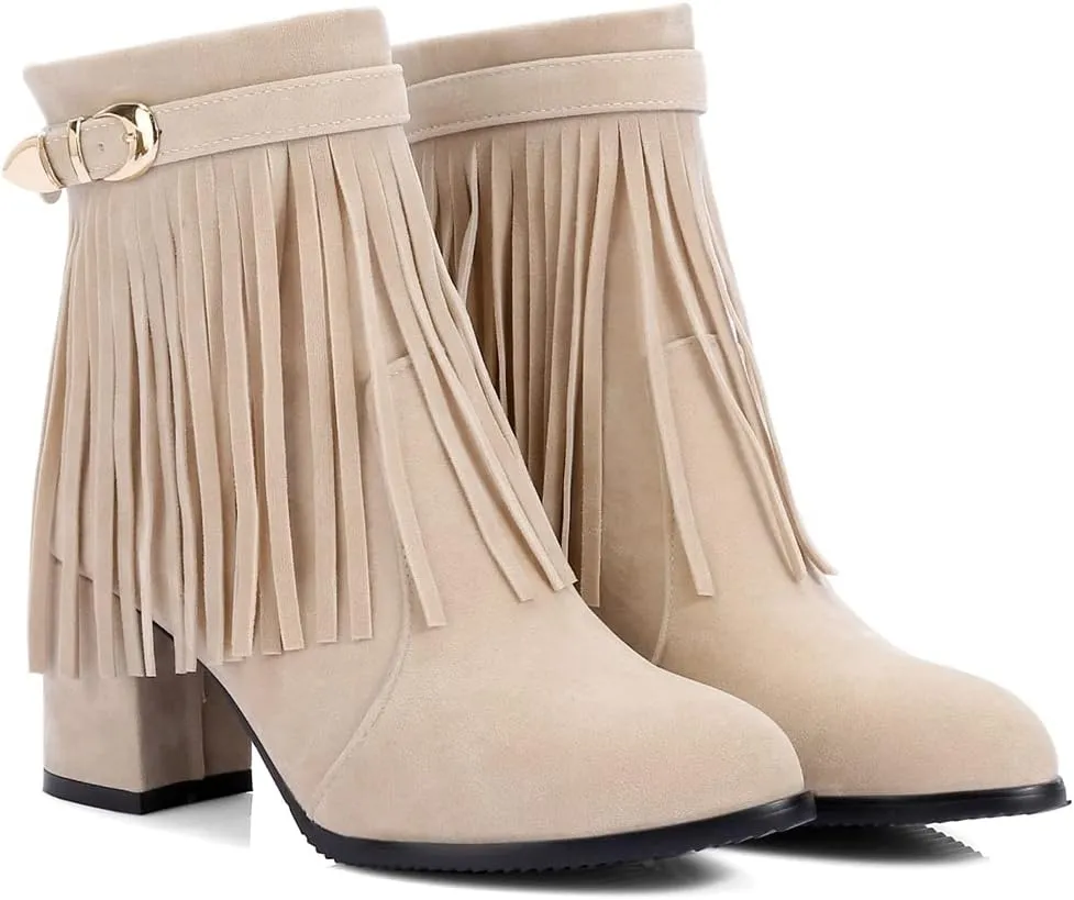 MIOKE Women's Fringed Tassel Dress Ankle Boots Round Toe Buckle Zipper Chunky Block High Heel Short Booties