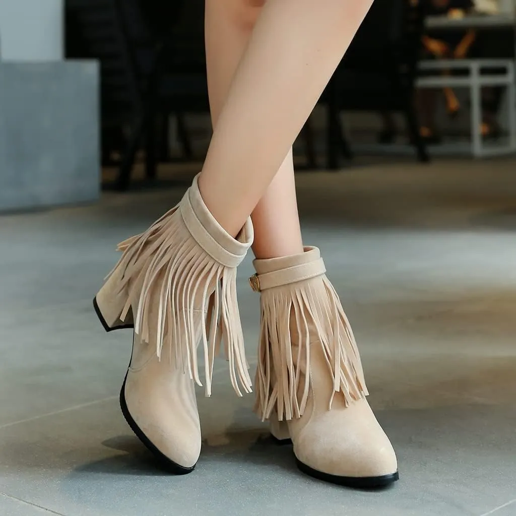 MIOKE Women's Fringed Tassel Dress Ankle Boots Round Toe Buckle Zipper Chunky Block High Heel Short Booties