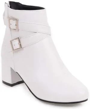 MIOKE Women's Round Toe Dressy Ankle Boots Trendy Buckle Zipper Chunky Mid Heel Chelsea Dressy Short Booties