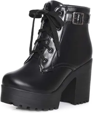 MIOKE Women's Round Toe Platform Dressy Ankle Boots Buckle Lace Up Chunky Block High Heel Dress Short Bootie