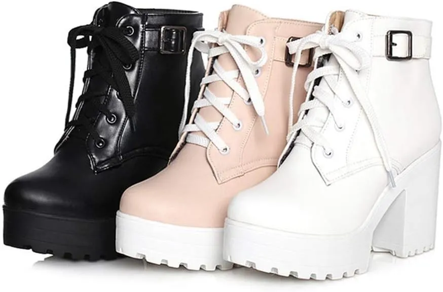 MIOKE Women's Round Toe Platform Dressy Ankle Boots Buckle Lace Up Chunky Block High Heel Dress Short Bootie