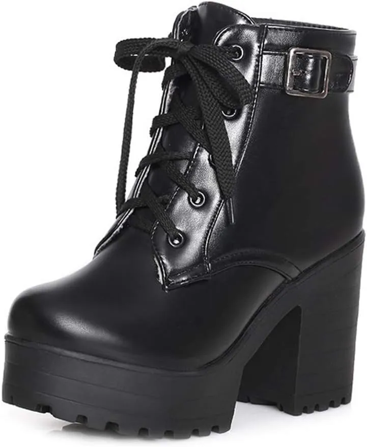 MIOKE Women's Round Toe Platform Dressy Ankle Boots Buckle Lace Up Chunky Block High Heel Dress Short Bootie