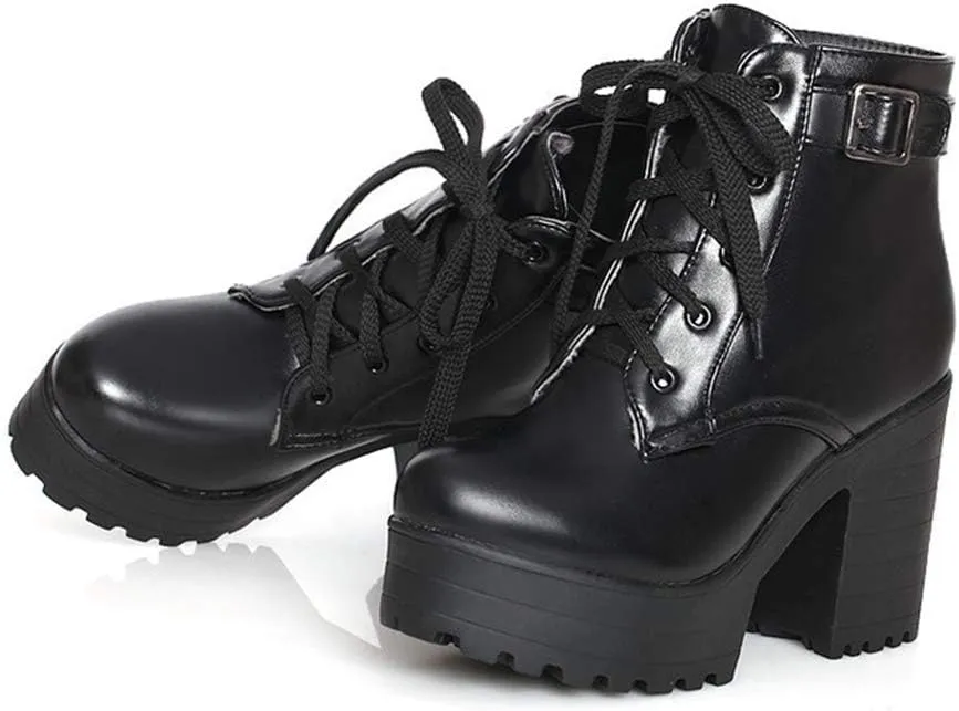 MIOKE Women's Round Toe Platform Dressy Ankle Boots Buckle Lace Up Chunky Block High Heel Dress Short Bootie