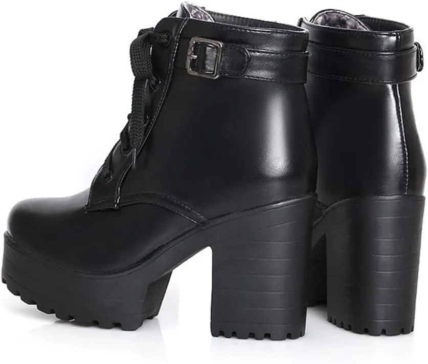 MIOKE Women's Round Toe Platform Dressy Ankle Boots Buckle Lace Up Chunky Block High Heel Dress Short Bootie