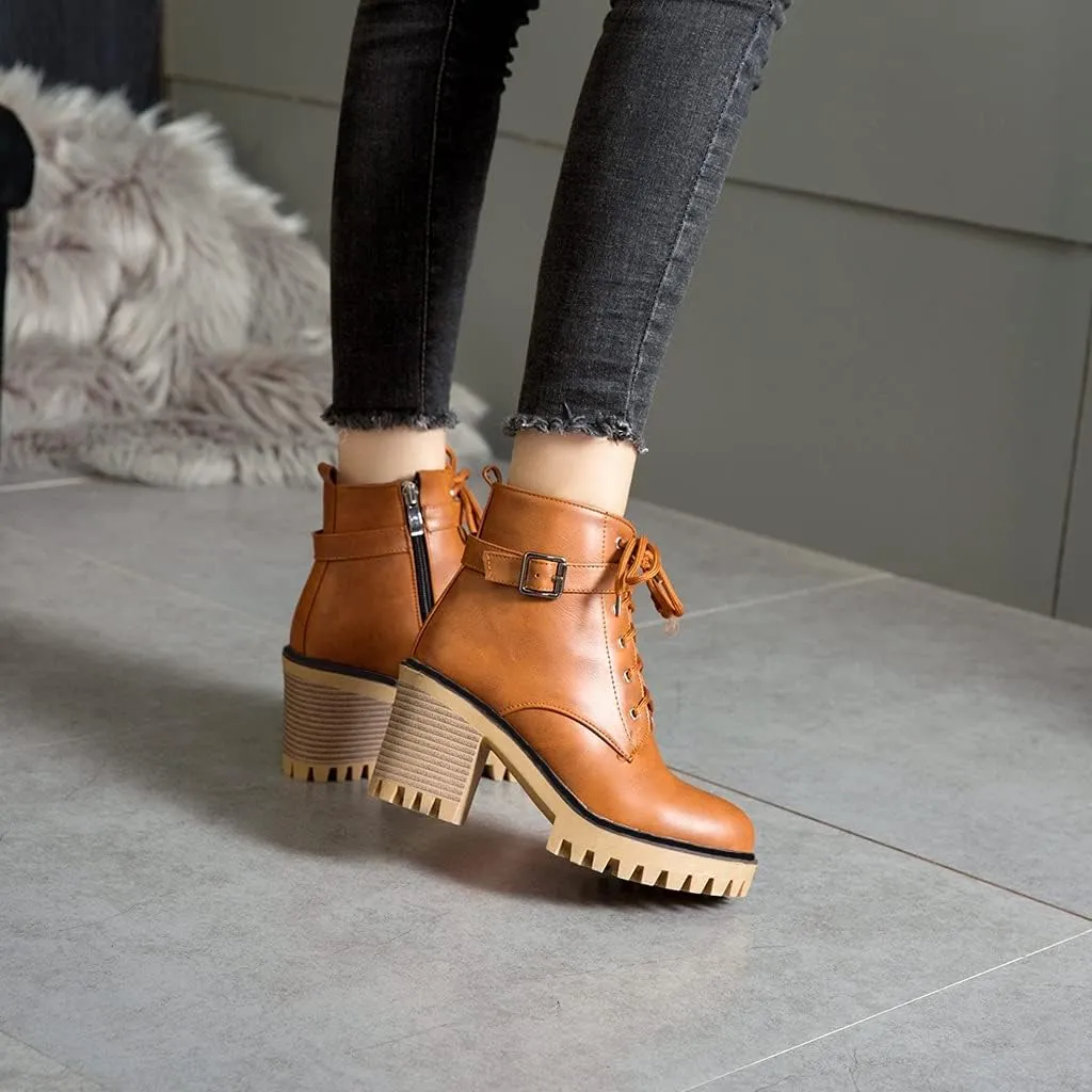MIOKE Women's Round Toe Platform Dressy Ankle Boots Lace Up Zipper Chunky Block High Heel Dress Short Bootie