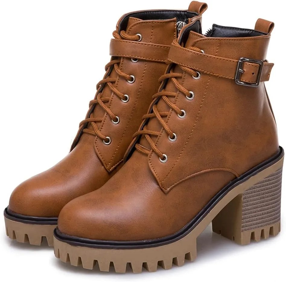 MIOKE Women's Round Toe Platform Dressy Ankle Boots Lace Up Zipper Chunky Block High Heel Dress Short Bootie