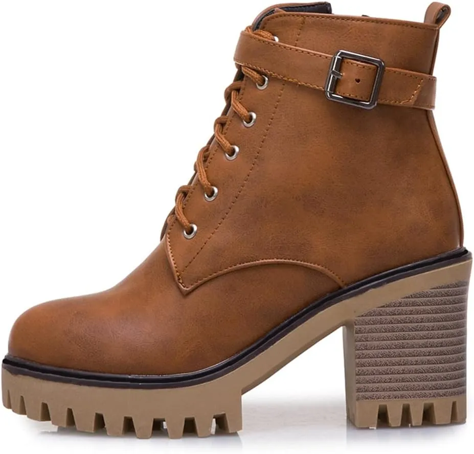 MIOKE Women's Round Toe Platform Dressy Ankle Boots Lace Up Zipper Chunky Block High Heel Dress Short Bootie