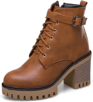 MIOKE Women's Round Toe Platform Dressy Ankle Boots Lace Up Zipper Chunky Block High Heel Dress Short Bootie